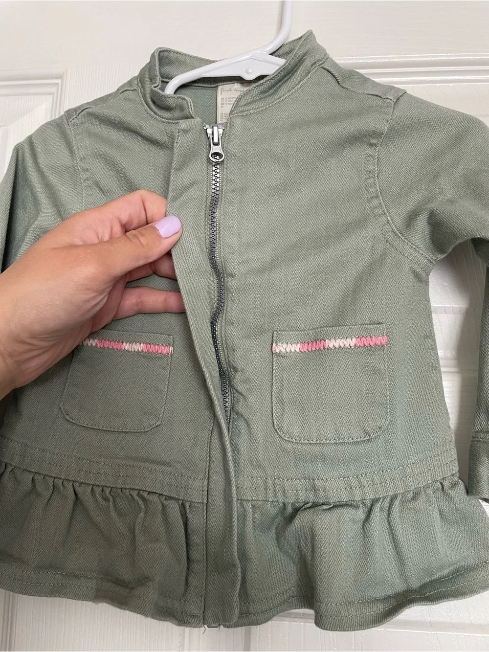 First Impressions Green Girls 9-12 mo Ruffle-Hem Jacket with Pink Stitch Detail